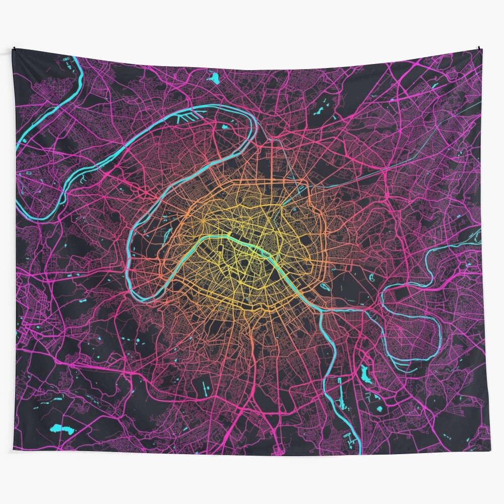 Paris City Map Neon Tapestry Wall Art