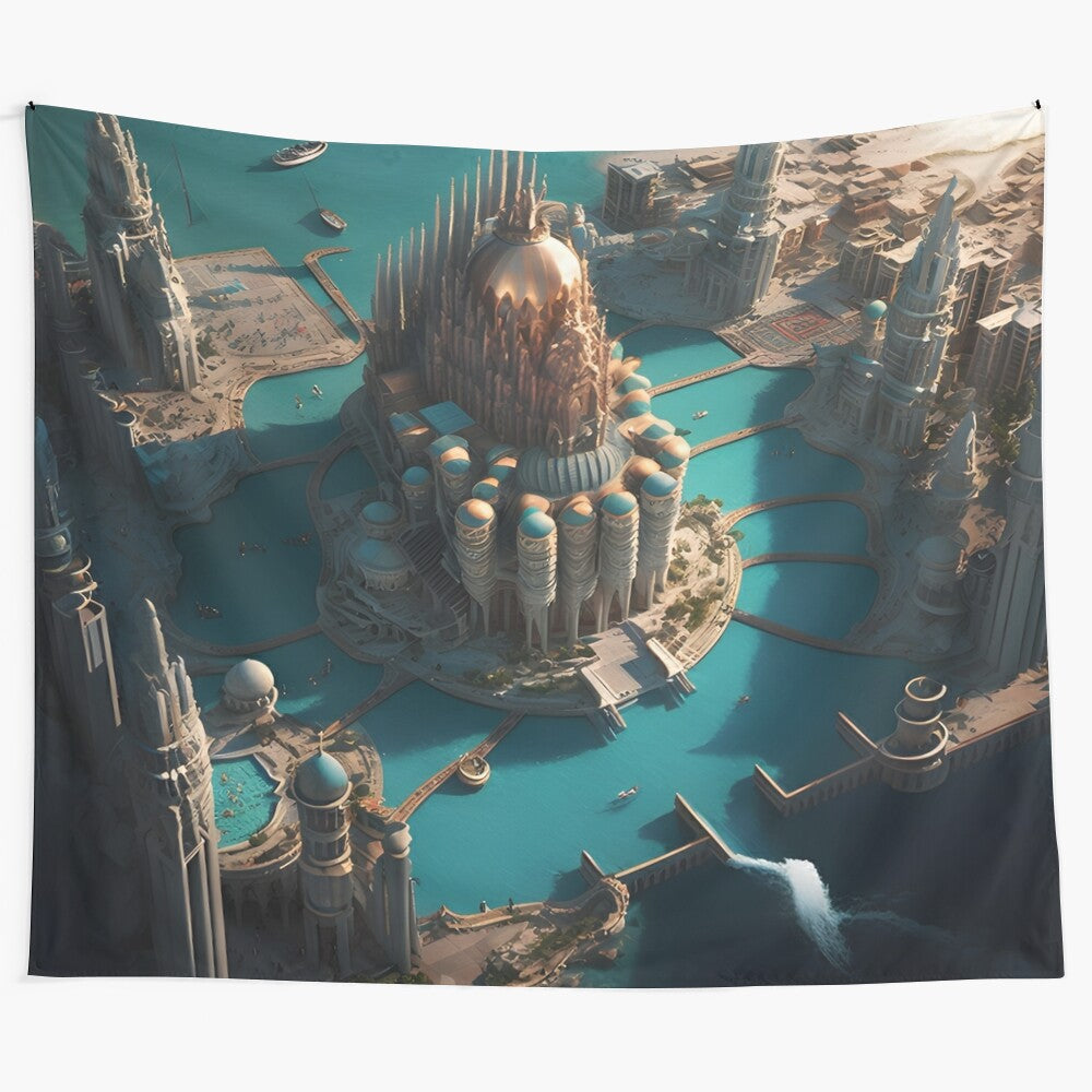 Tapestry art depicting the lost city of Atlantis in a fantasy landscape