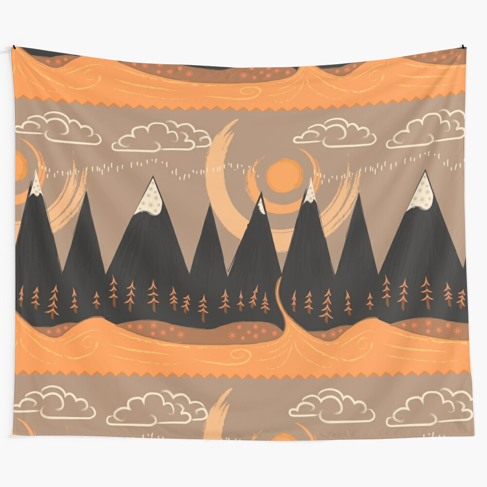 Colorful psychedelic tapestry with mountains and sun