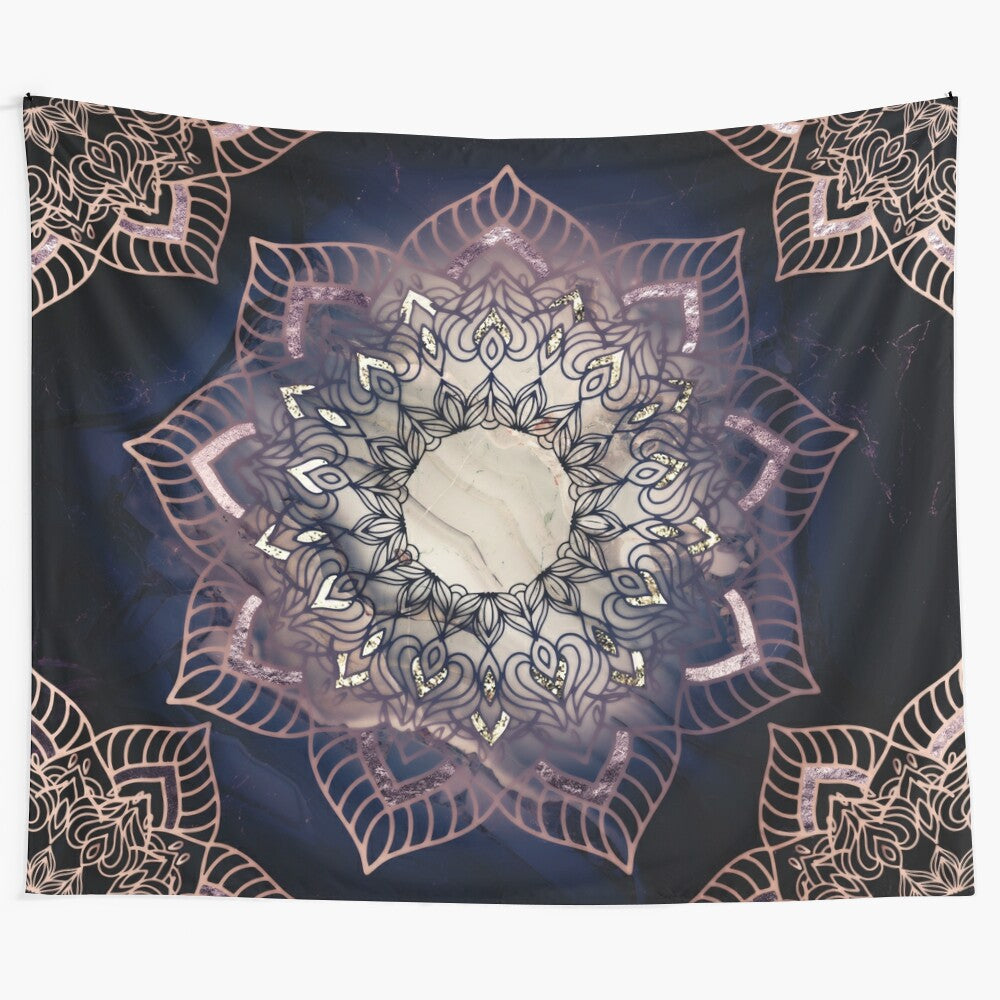 Mandala tapestry in purple, indigo, and silver featuring bohemian patterns and geometric designs