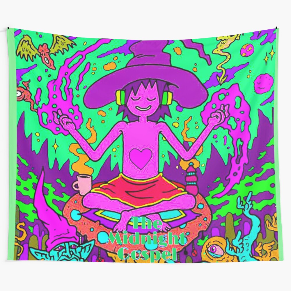 Midnight Gospel inspired tapestry featuring vibrant, abstract, and psychedelic artwork