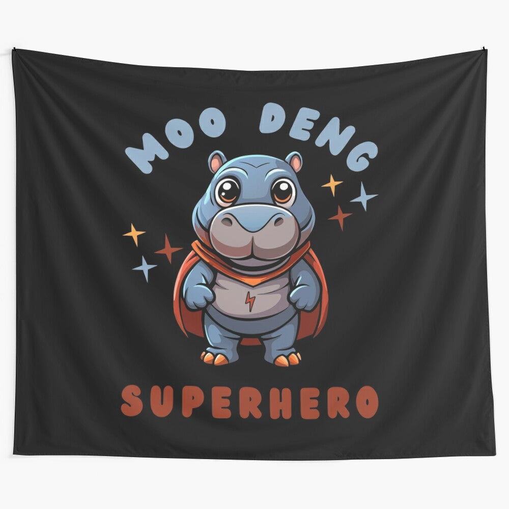 Cute and whimsical illustrated baby hippo tapestry with superhero theme