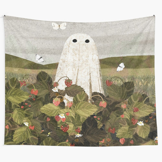 Strawberry fields tapestry with ghostly, supernatural elements