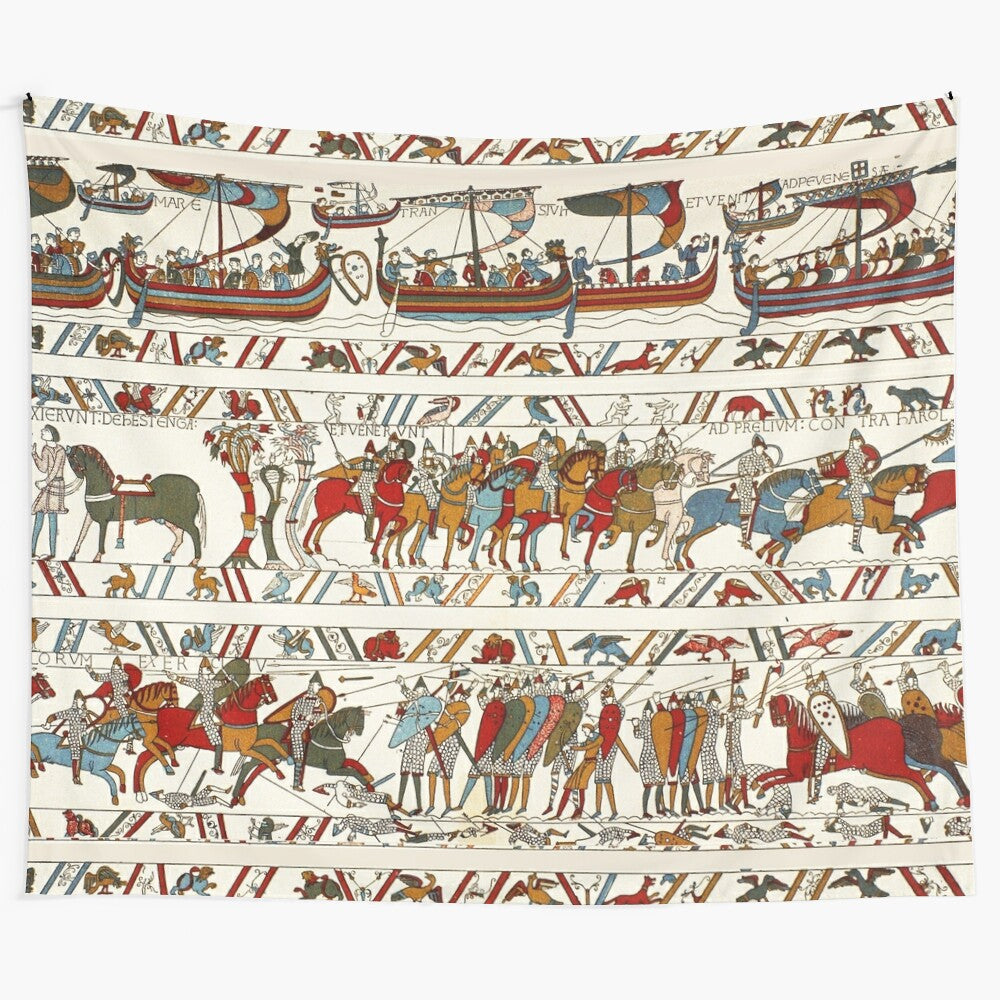 Detailed medieval tapestry showing Norman knights on horseback and Viking ships