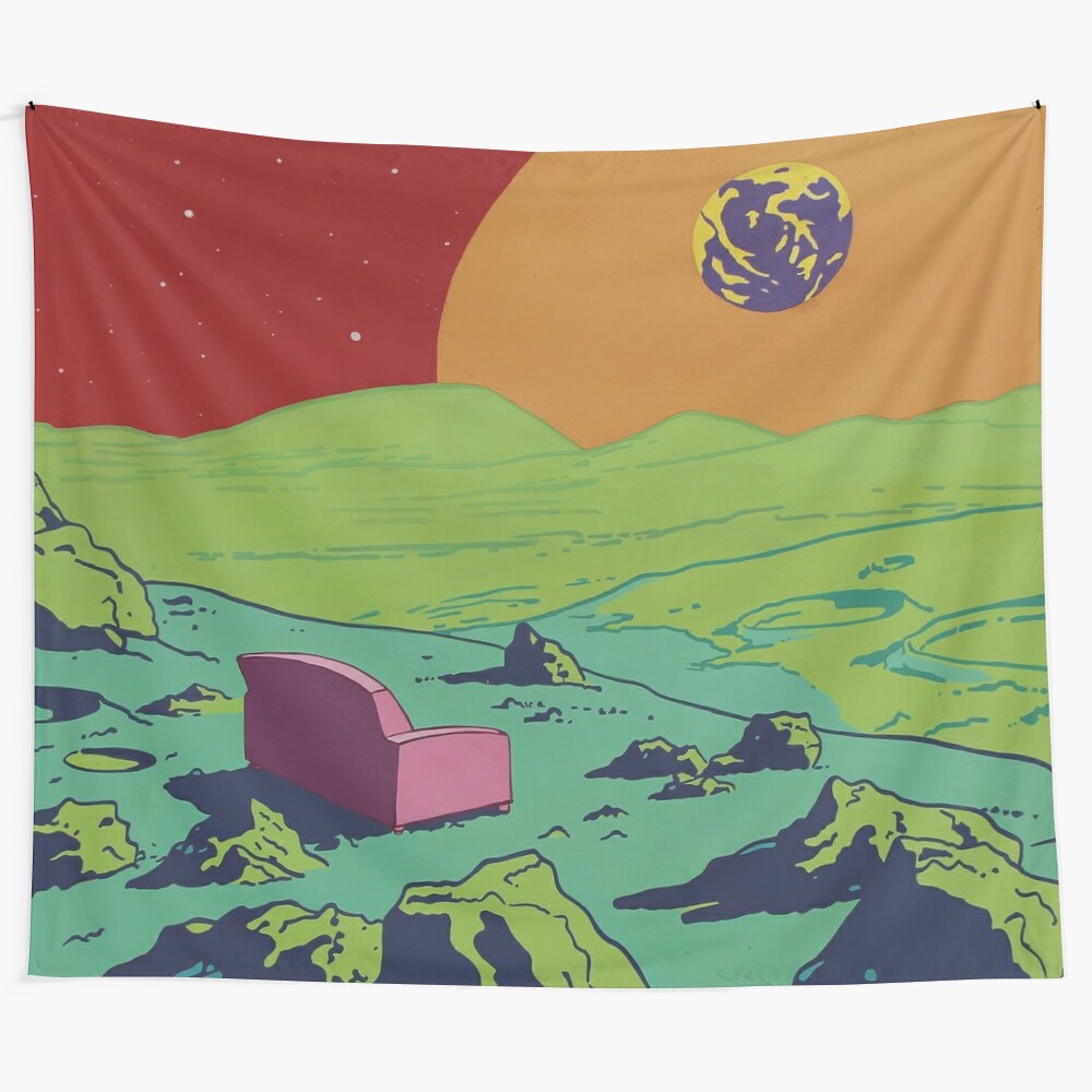 Pink couch tapestry with a cosmic galaxy design