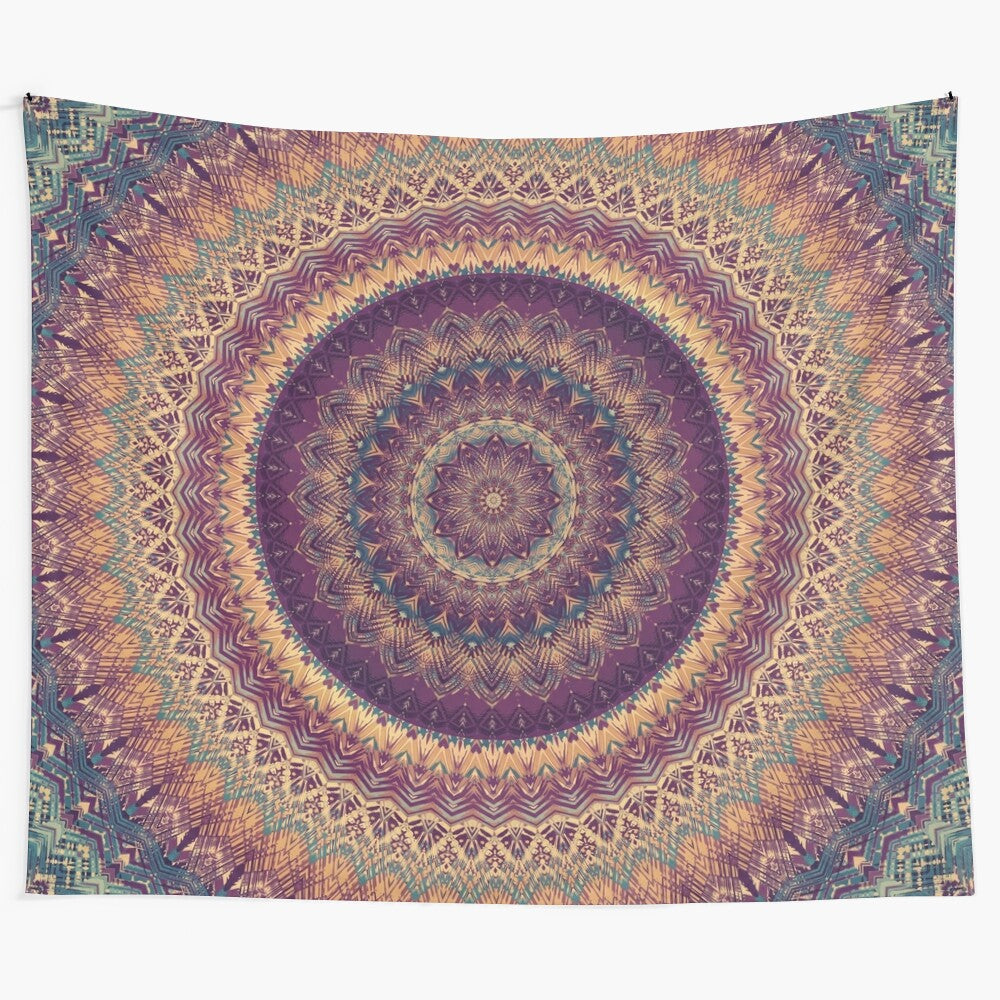 Colorful mandala tapestry featuring sacred geometry and floral patterns