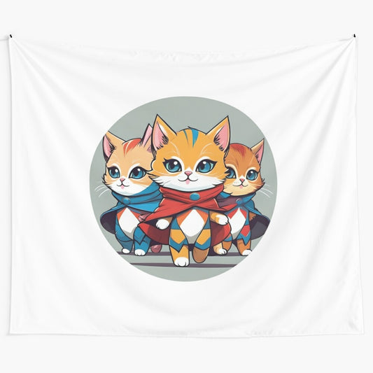 Superhero kittens tapestry featuring cute feline heroes in comic book-inspired design