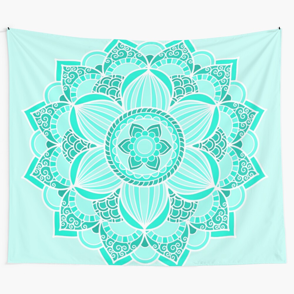 Colorful mandala tapestry with turquoise and cyan patterns