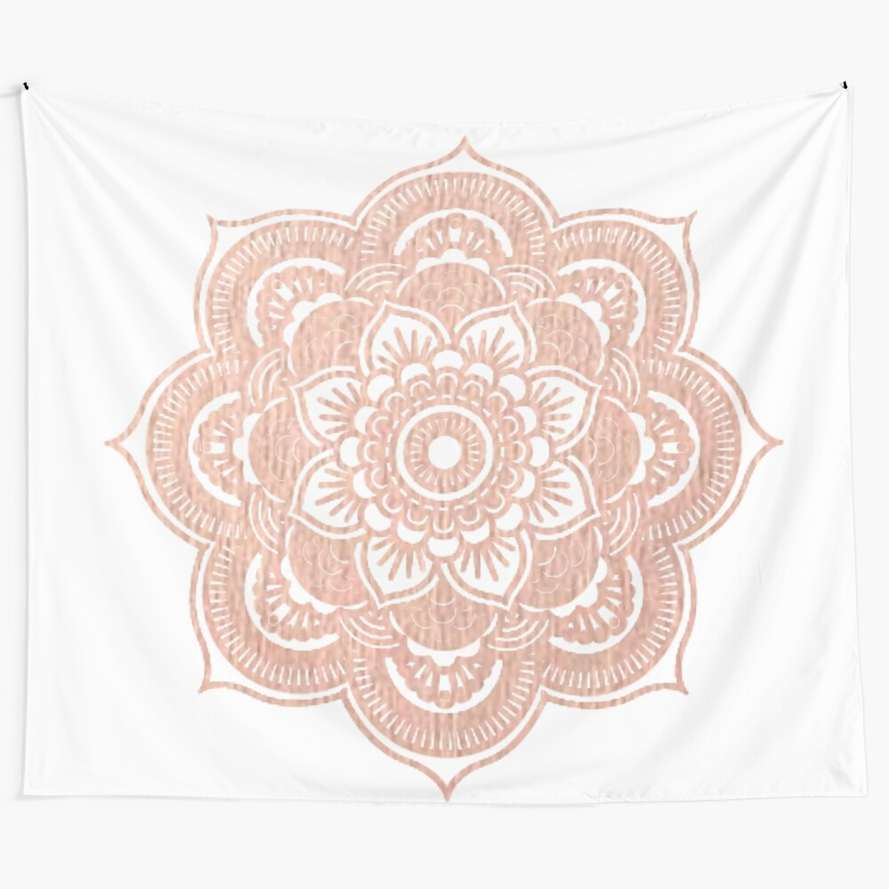 Rose gold mandala tapestry with floral and geometric patterns