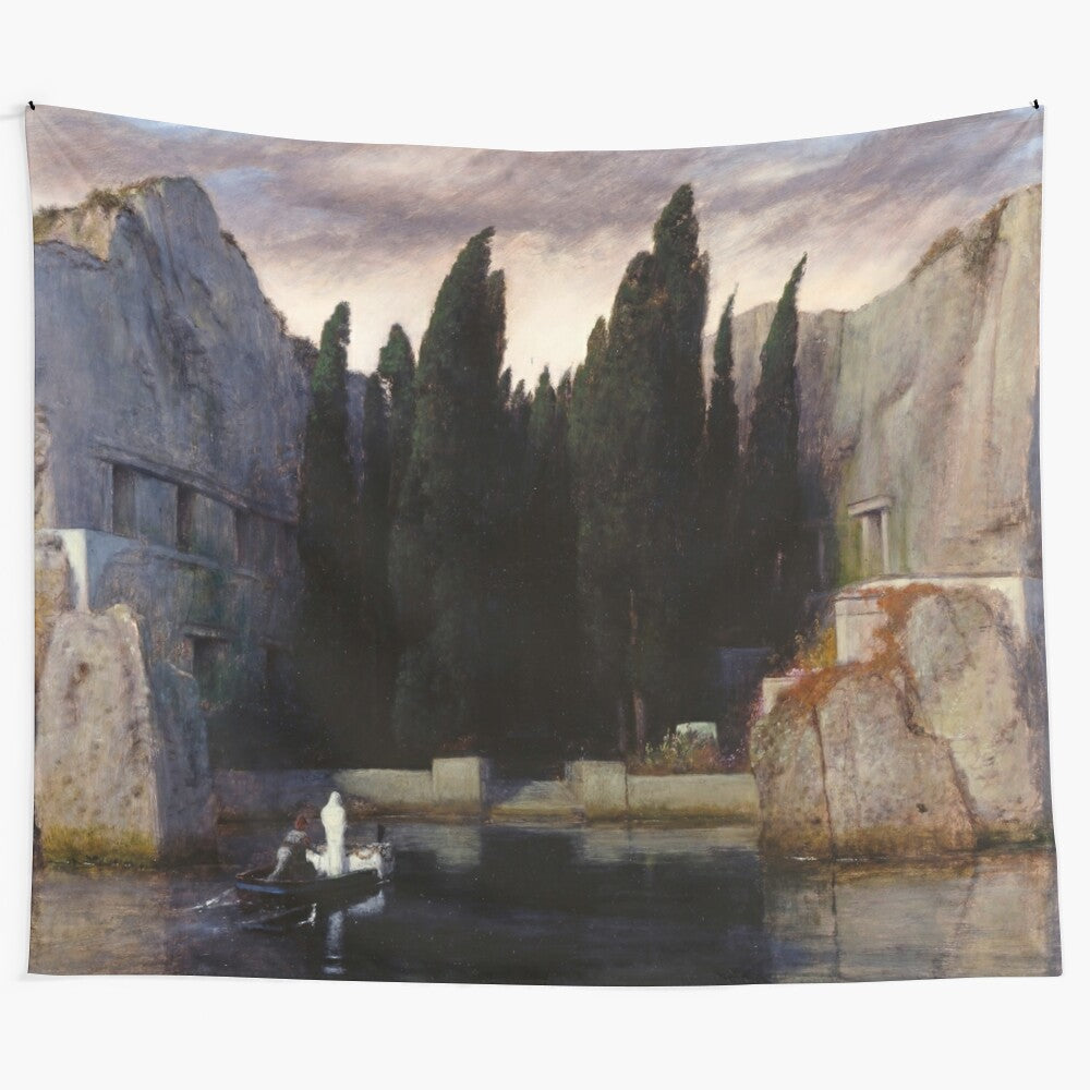 Tapestry inspired by Arnold Bocklin's "The Isle of the Dead" painting, featuring a mystic island in the ocean