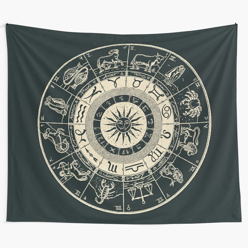 Hand drawn zodiac chart design on a black tapestry wall hanging