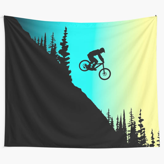 Colorful mountain bike tapestry with scenic nature landscape