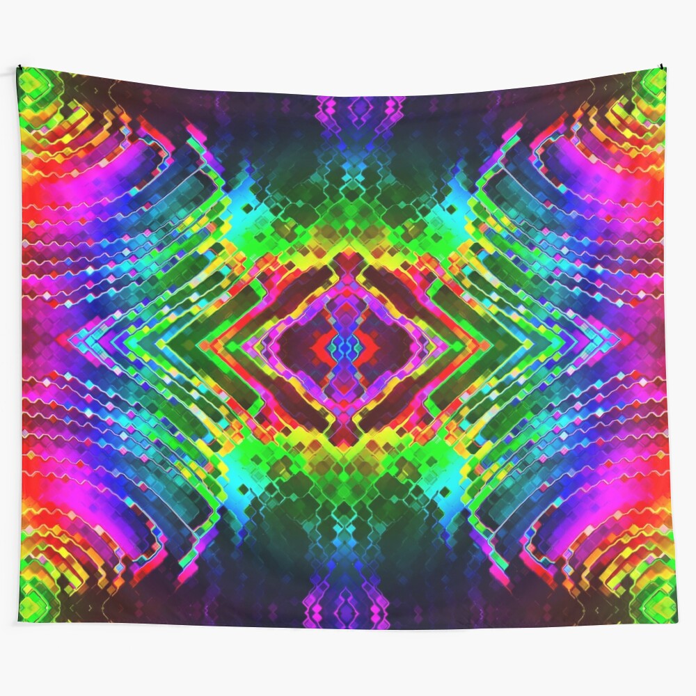 Vibrant fractal tapestry with neon rainbow hues and mirror-like effects