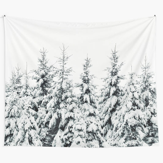 Misty forest tapestry with snow-covered trees and Cascadia vibes