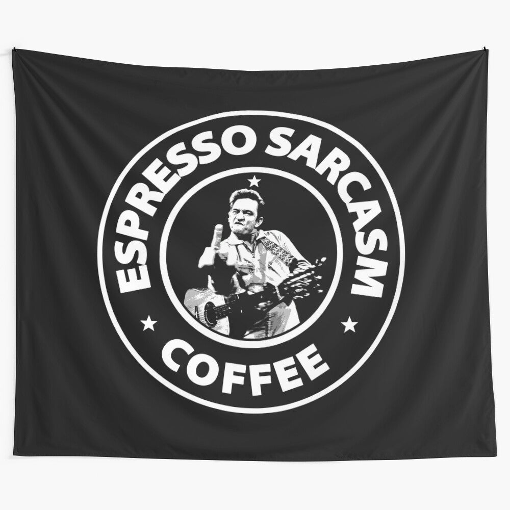 Vintage-style tapestry featuring a graphic design with the text "ESPRESSO SARCASM BLACK COFFEE CASH" and a reference to country music legend Johnny Cash