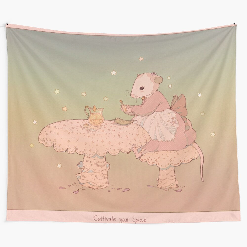 Pastel-colored tapestry featuring adorable mushrooms, flowers, and cute animals