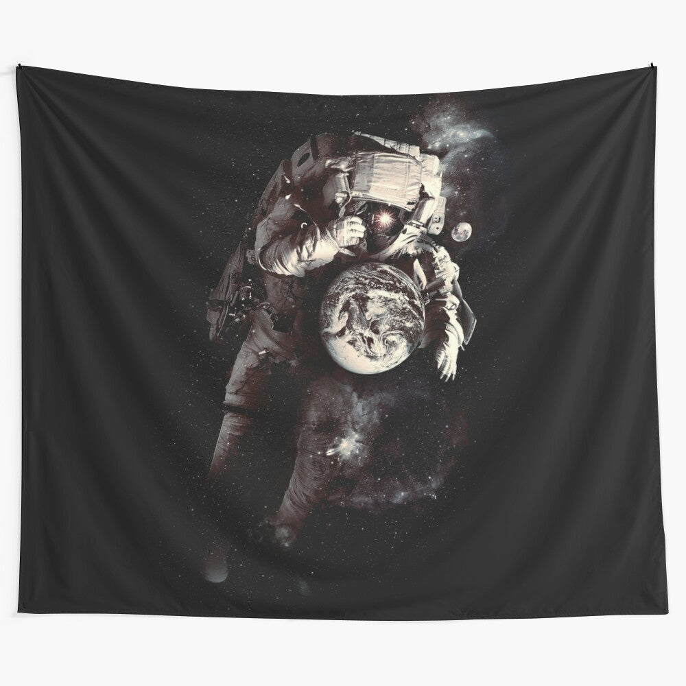 Whimsical cosmic tapestry featuring a surreal scene of planets, stars, and a cosmonaut