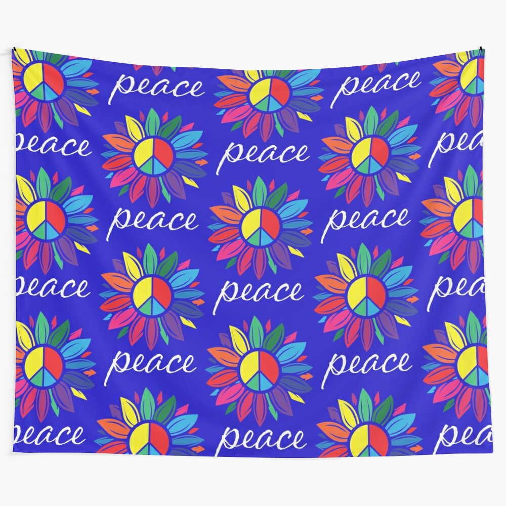 Colorful hippie tapestry with peace and love symbols