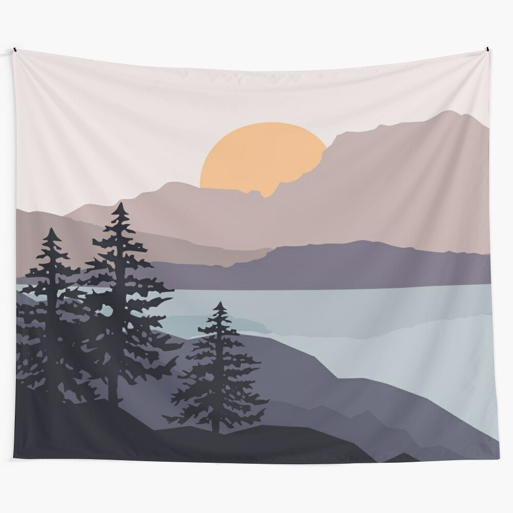 Stunning mountain lake sunrise tapestry with a colorful panoramic landscape