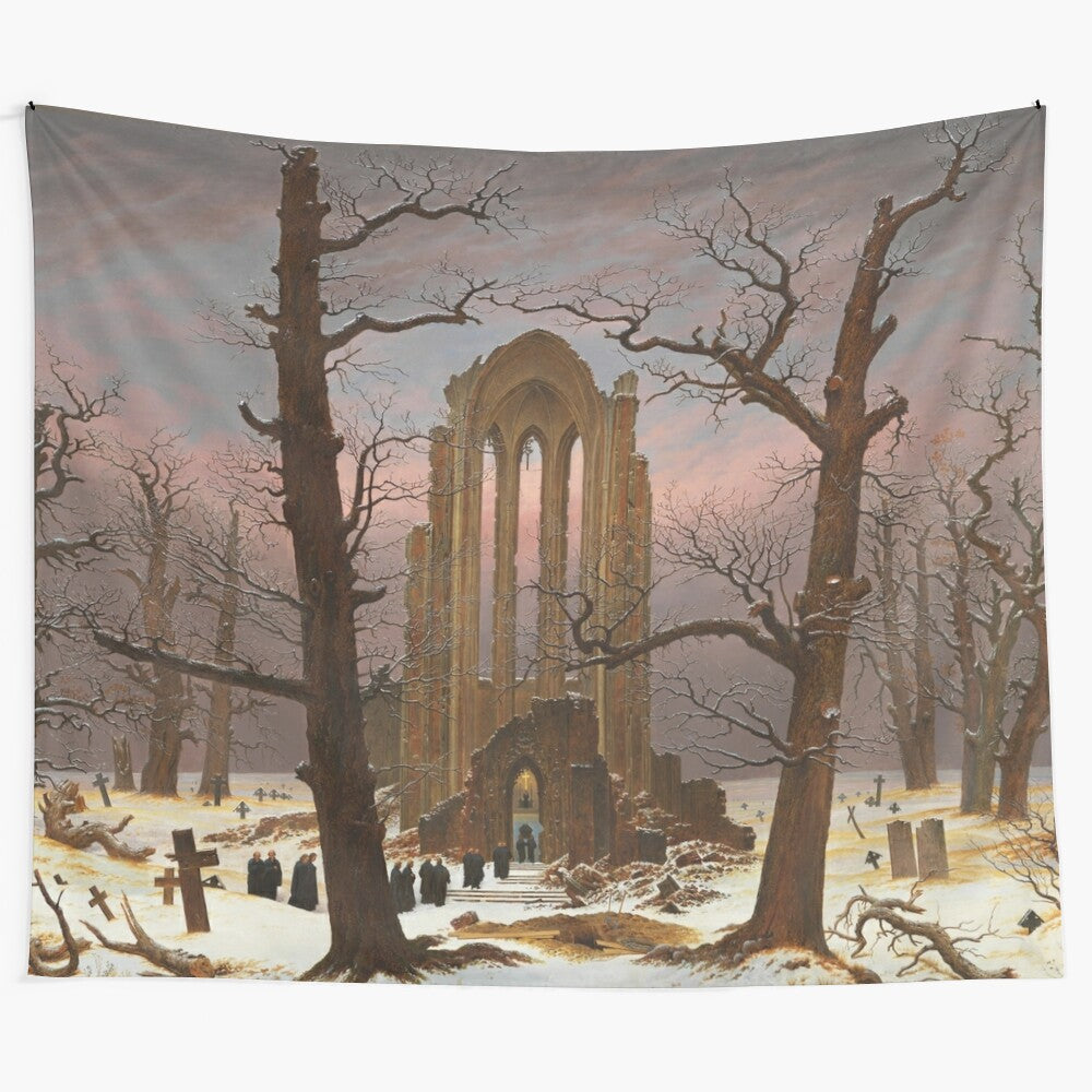 Tapestry depicting a monastery graveyard under snow, inspired by the artwork of Caspar David Friedrich