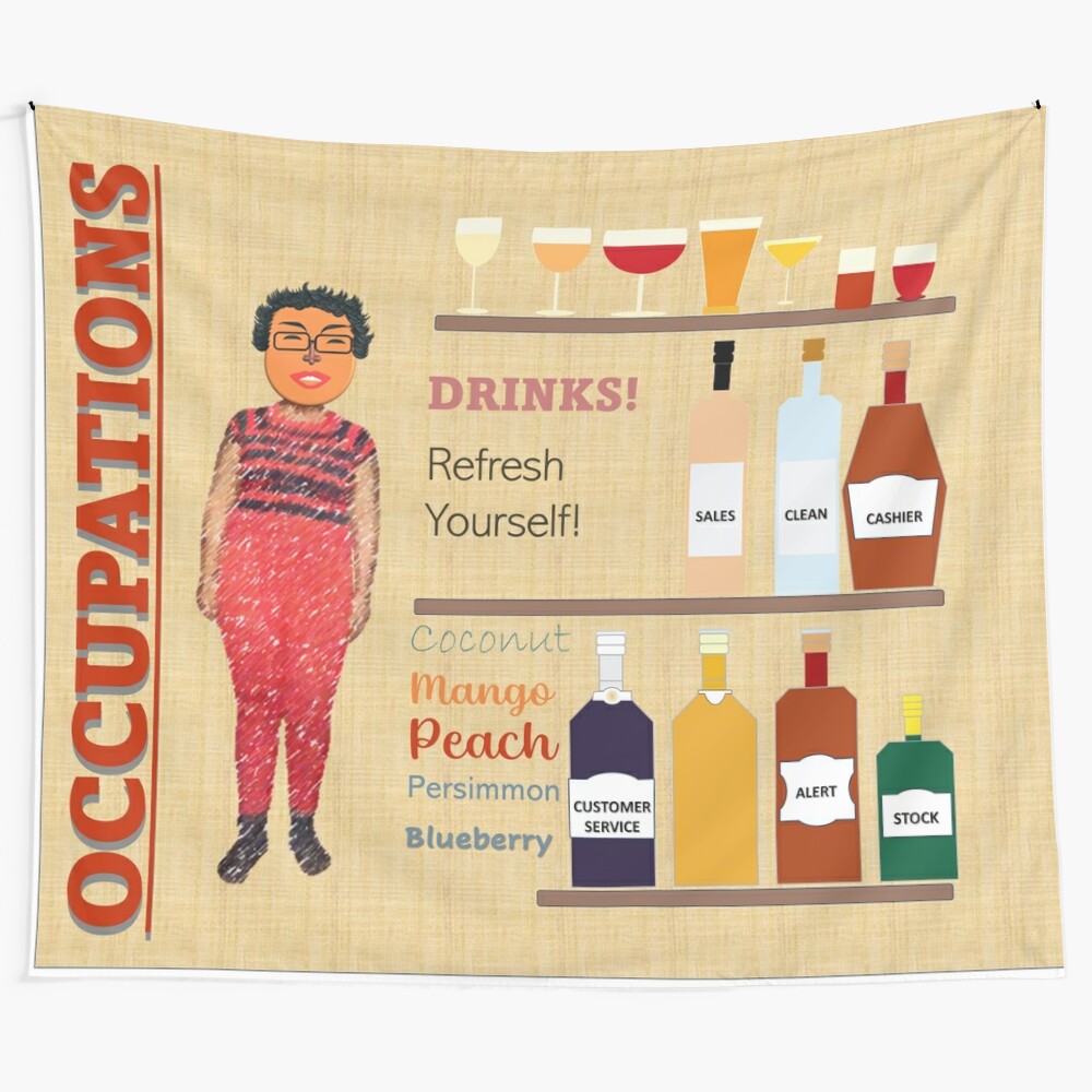 Inspirational tapestry design featuring occupations and beverages-themed elements