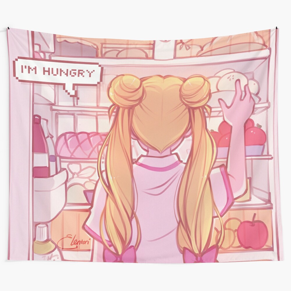 Kawaii "I'm Hungry" anime-themed tapestry with focus keyword