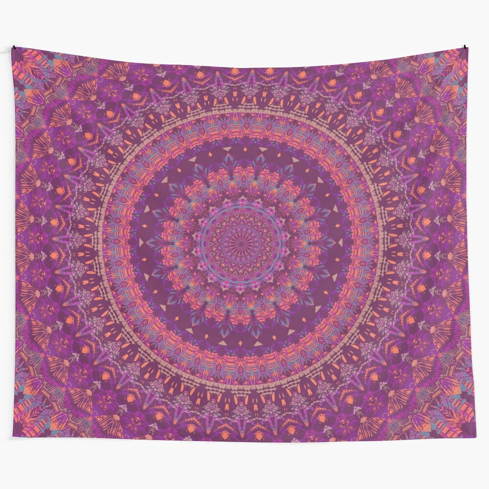 Colorful mandala tapestry wall hanging with sacred geometry and floral patterns