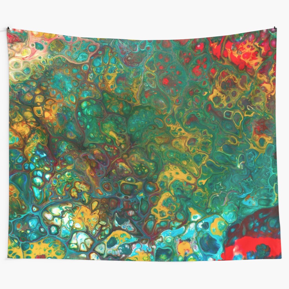 Colorful abstract fluid art tapestry with a vibrant psychedelic swirl design