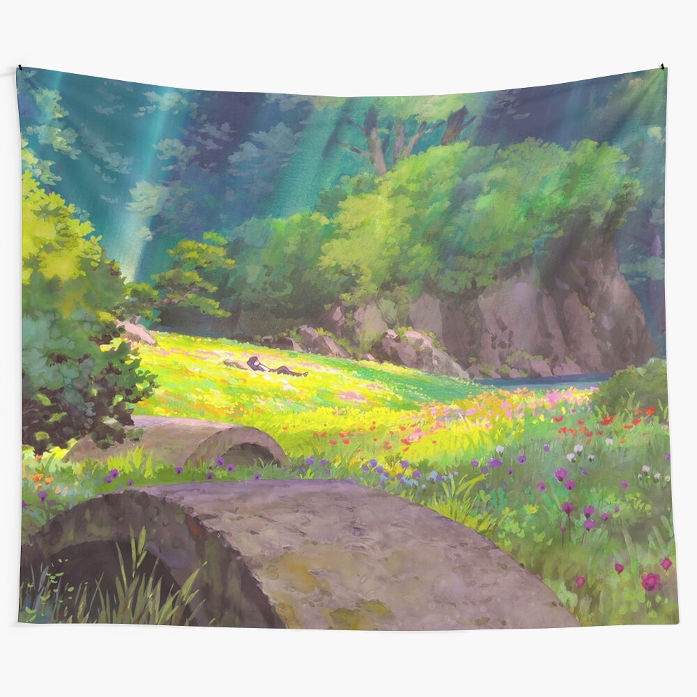 Anime inspired tapestry featuring characters and scenes from Hayao Miyazaki's films