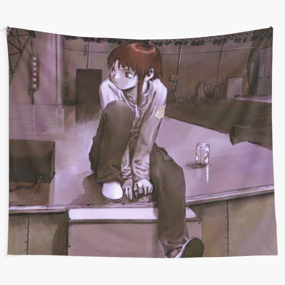 Slacker Lain-Inspired Tapestry featuring cyberpunk, retro, and vaporwave aesthetic