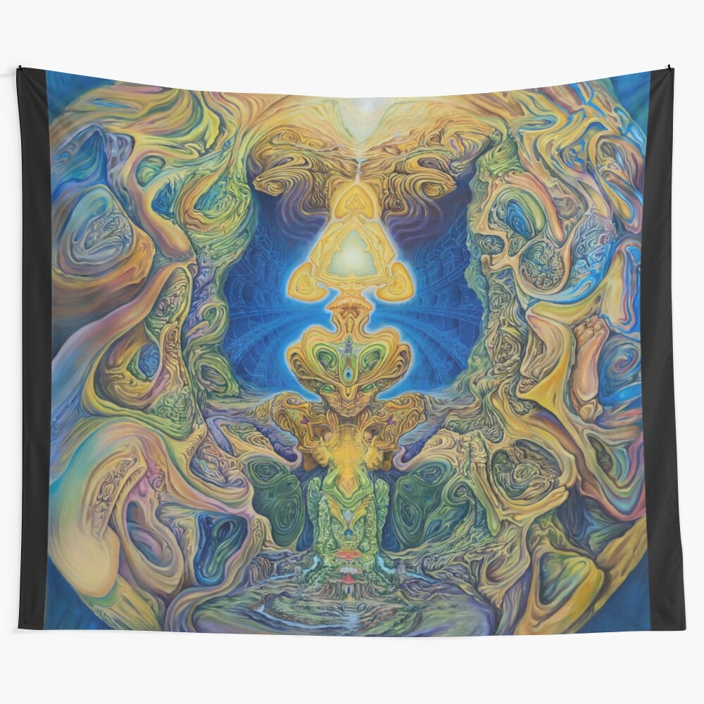 Psychedelic tapestry featuring detailed, trippy, and visionary artwork