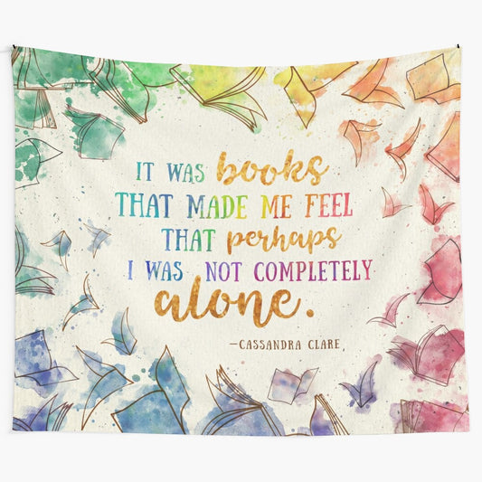 Vibrant watercolor tapestry featuring books and rainbow colors for book lovers