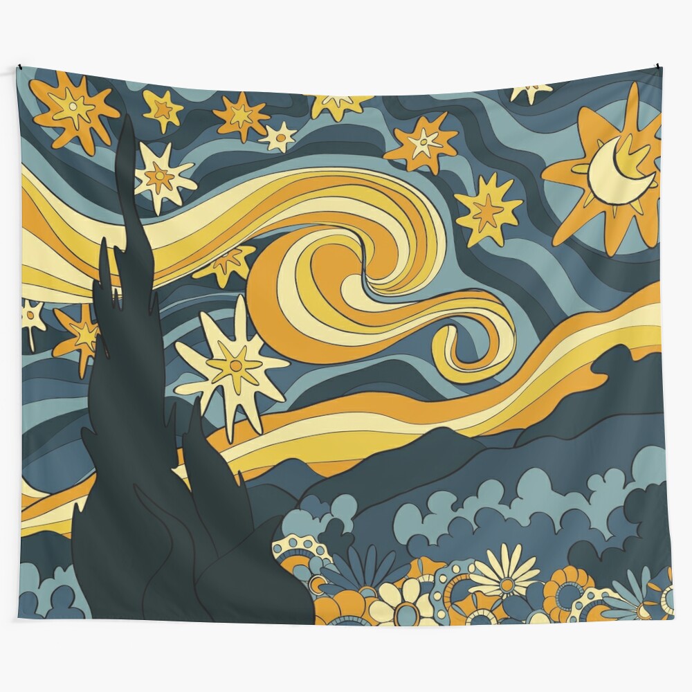 Groovy Starry Night inspired tapestry with retro aesthetic and nature elements