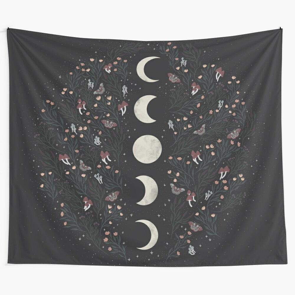 Mesmerizing tapestry featuring moon phases, botanical elements, and stars