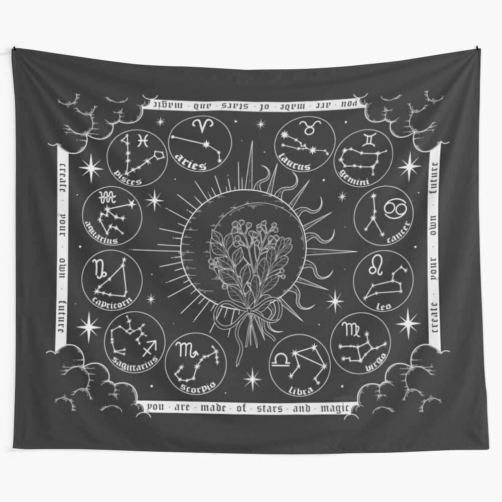 Celestial magic tapestry featuring moon, stars, and zodiac signs