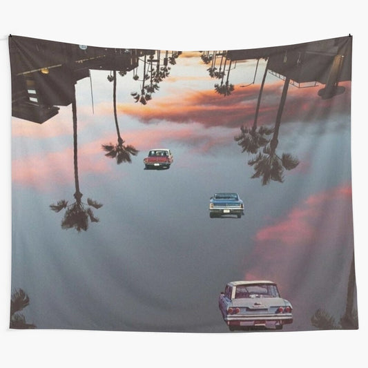 Surreal tapestry with a trippy, psychedelic car design