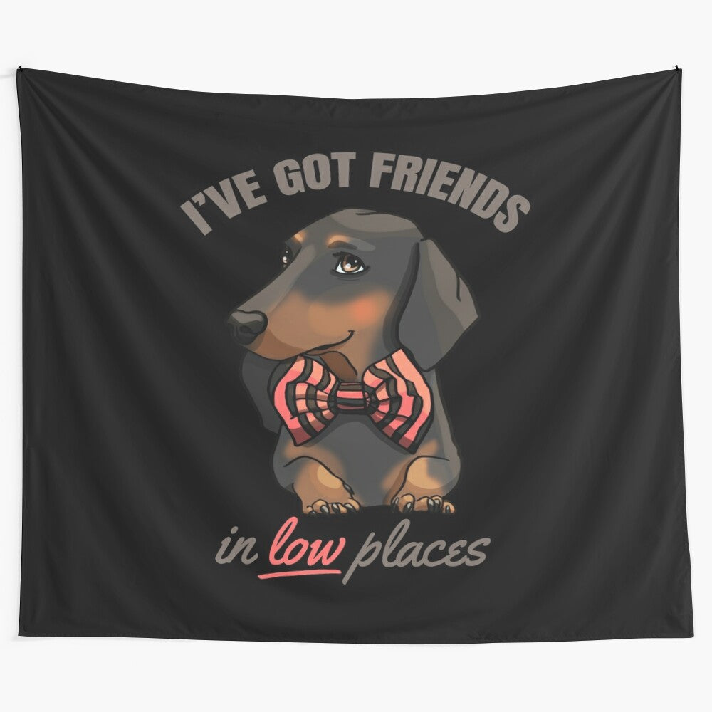 Funny and cute dachshund puppy tapestry featuring a cartoon doxie wearing a bowtie