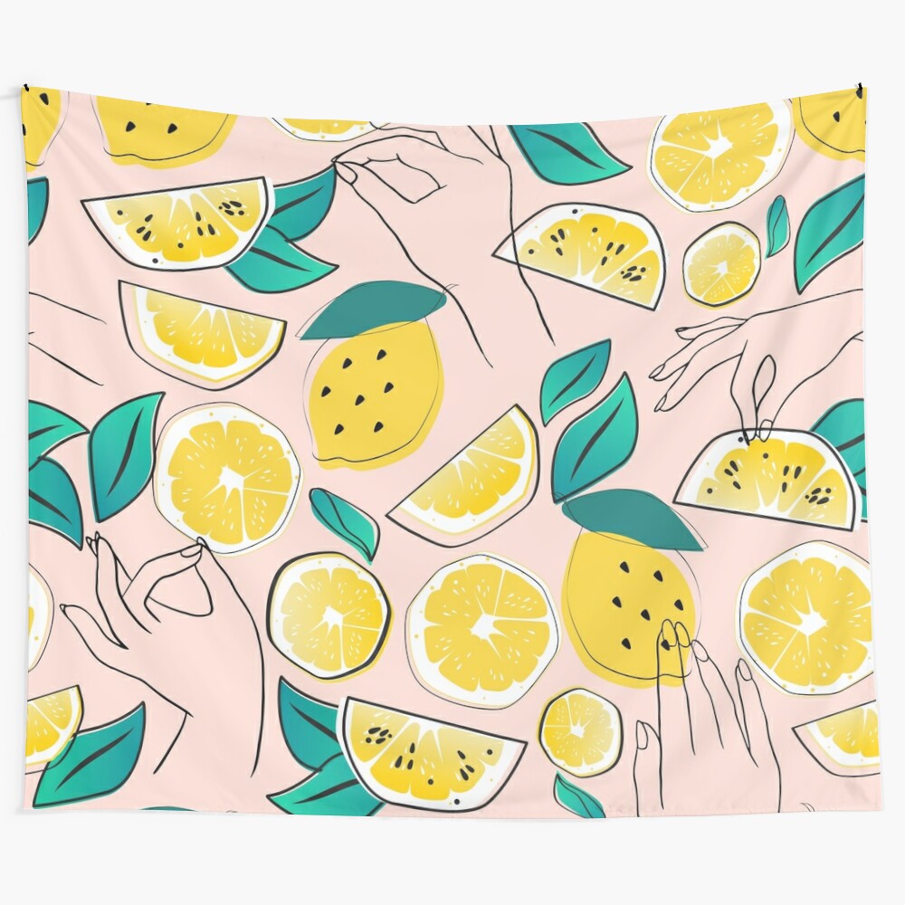 Vibrant lemon pattern tapestry featuring a repeating botanical illustration of lemons and leaves