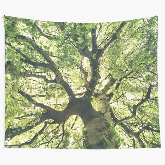 Magical forest tapestry with a sunlit tree, capturing the essence of nature and spirituality