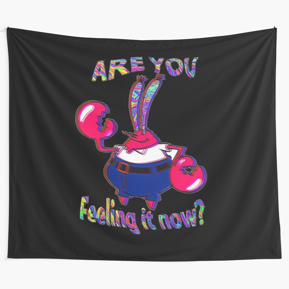 Vibrant tapestry featuring the character Mr. Krabs from Spongebob Squarepants in a psychedelic, trippy design