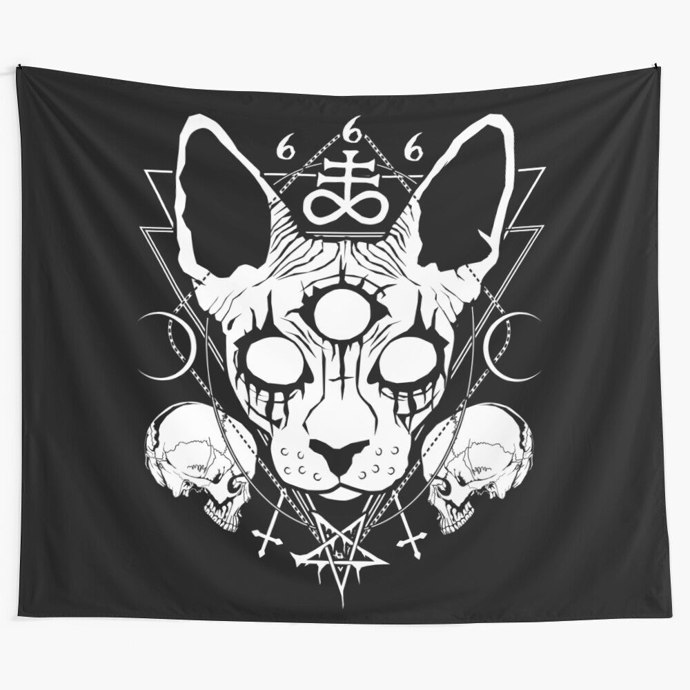 Sphynx cat tapestry with black metal and satanic symbols