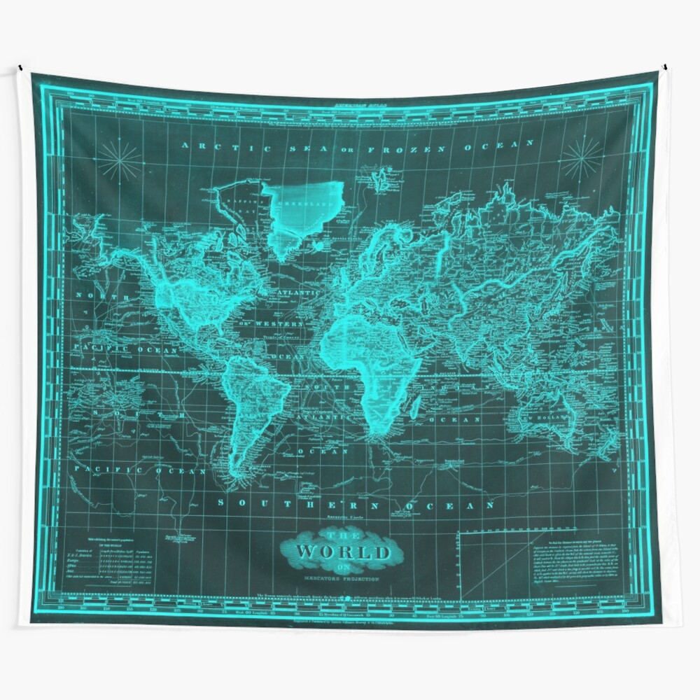 Vintage-style world map tapestry in black and light blue colors