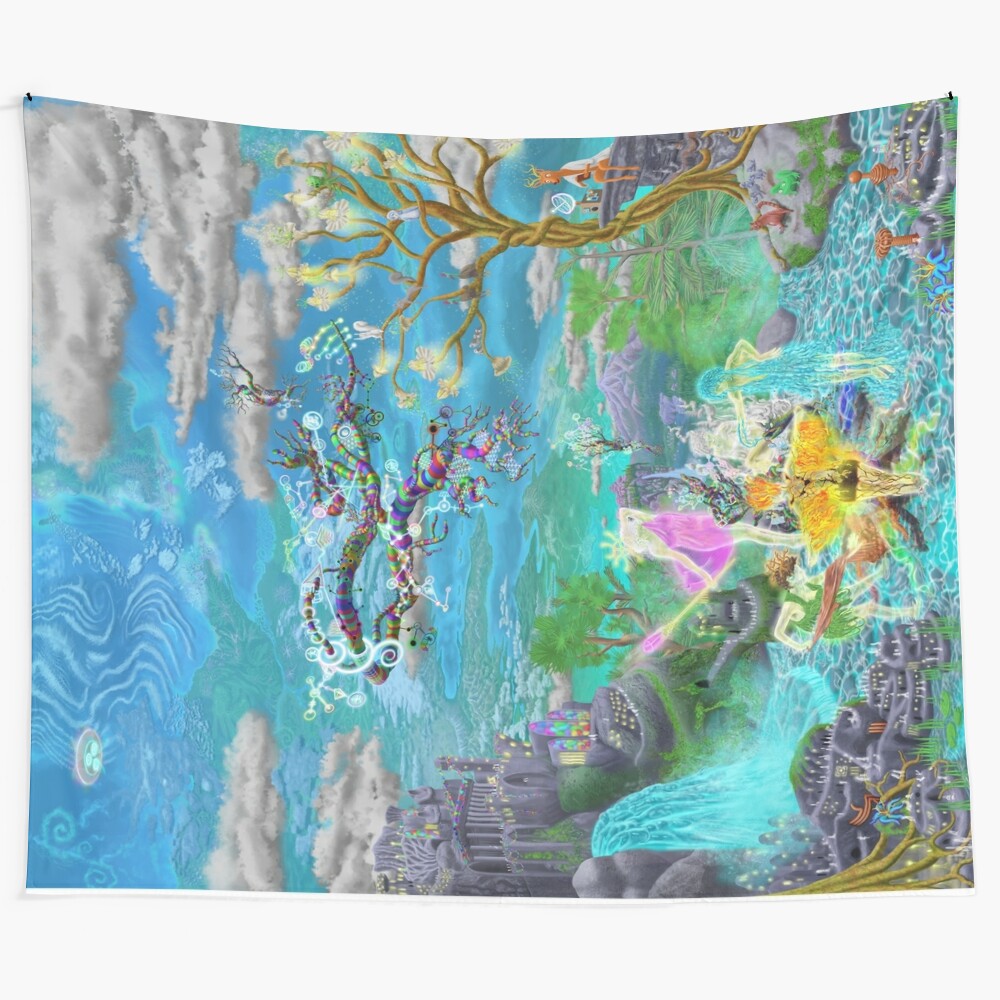 Psychedelic fairy tapestry depicting magical fairy festivals in the inner earth