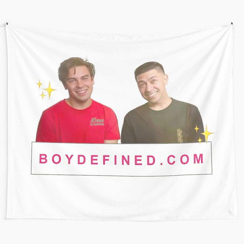 Colorful "Boy Defined" tapestry inspired by Cody Ko and Noel Miller's Tiny Meat Gang