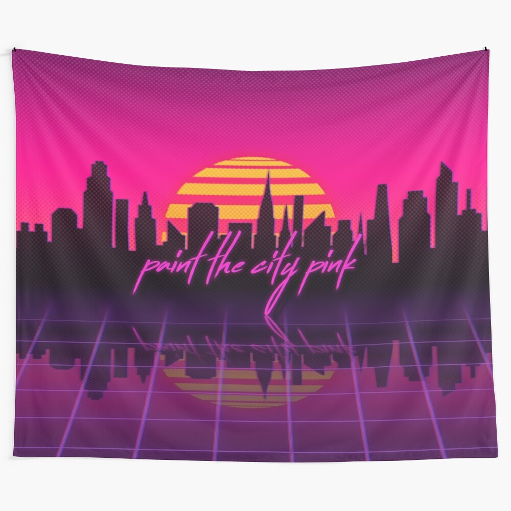 Vaporwave-inspired tapestry featuring a pink and abstract city skyline design