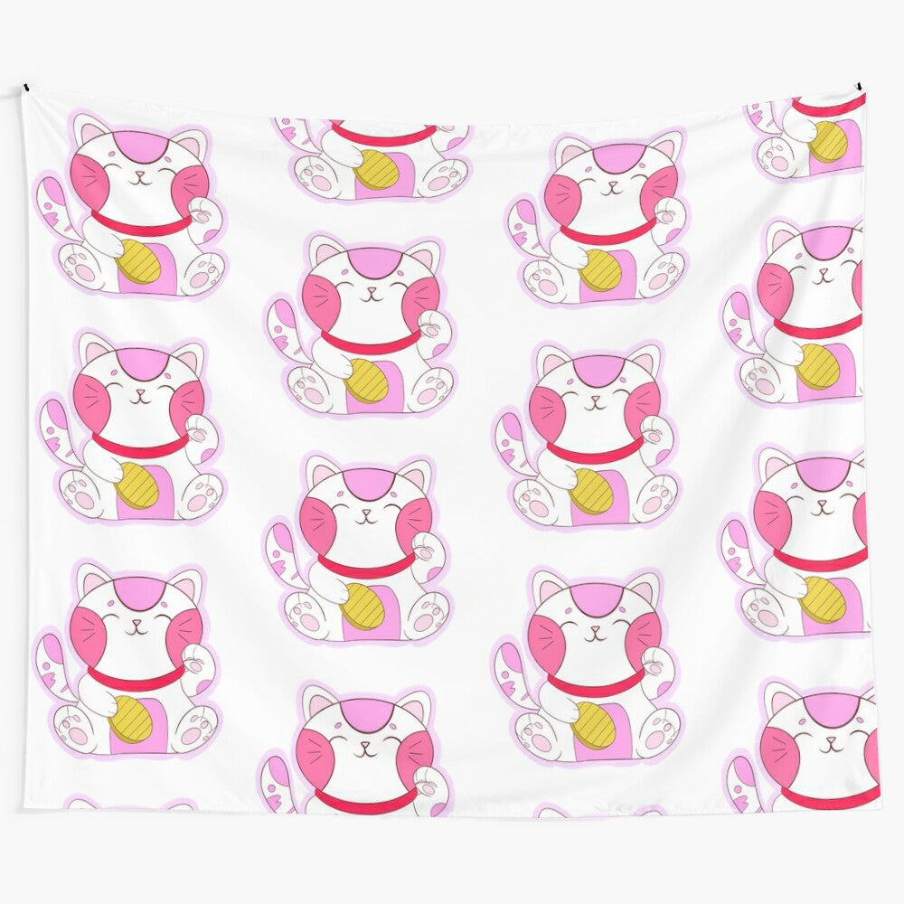 Charming Pink and White Lucky Cat Tapestry