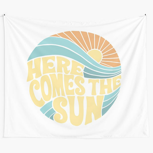 Colorful tapestry featuring the sun, ocean, and beach scene