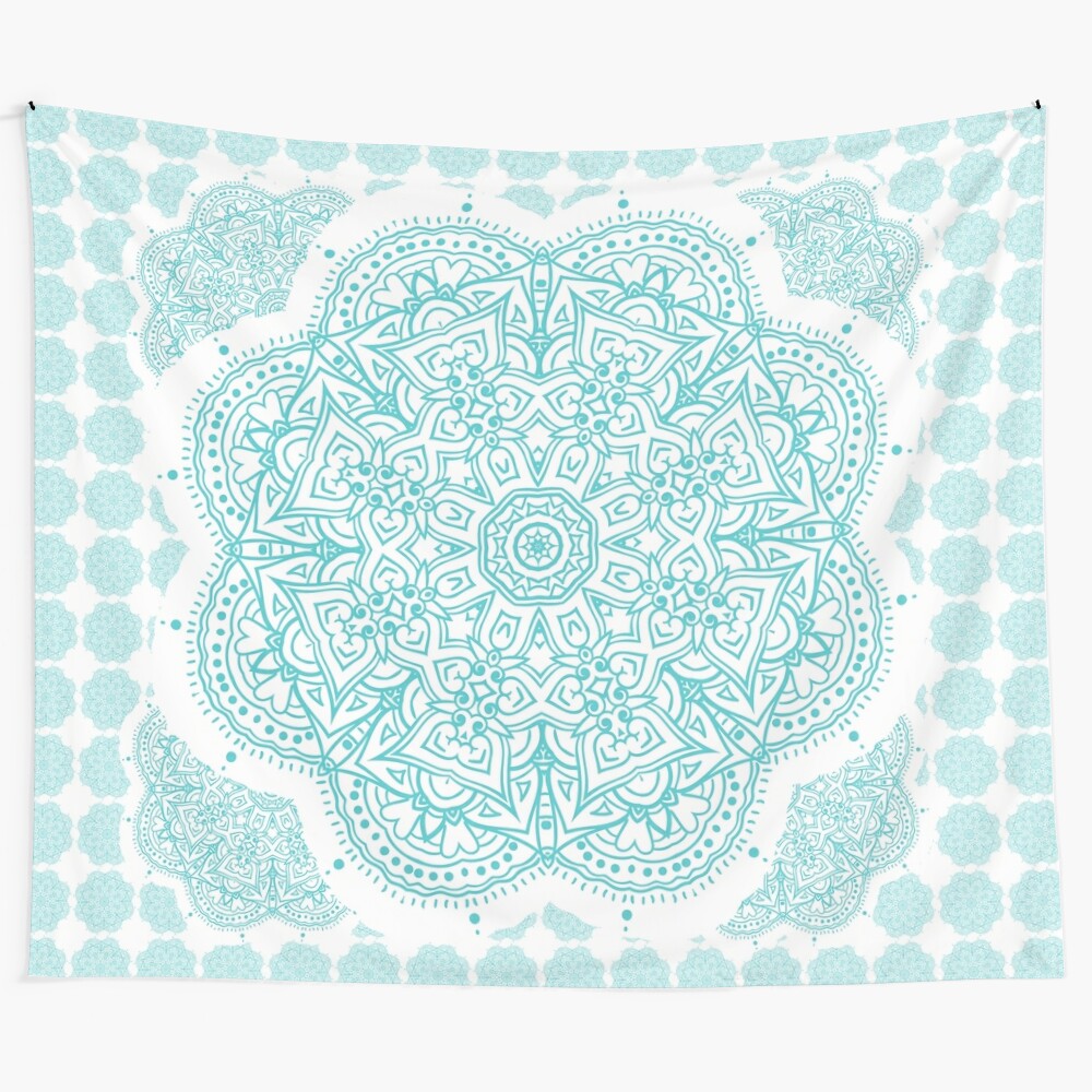 Teal boho mandala tapestry with floral and psychedelic design