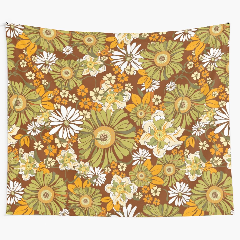 70s retro vintage flower power pattern boho orange brown tapestry