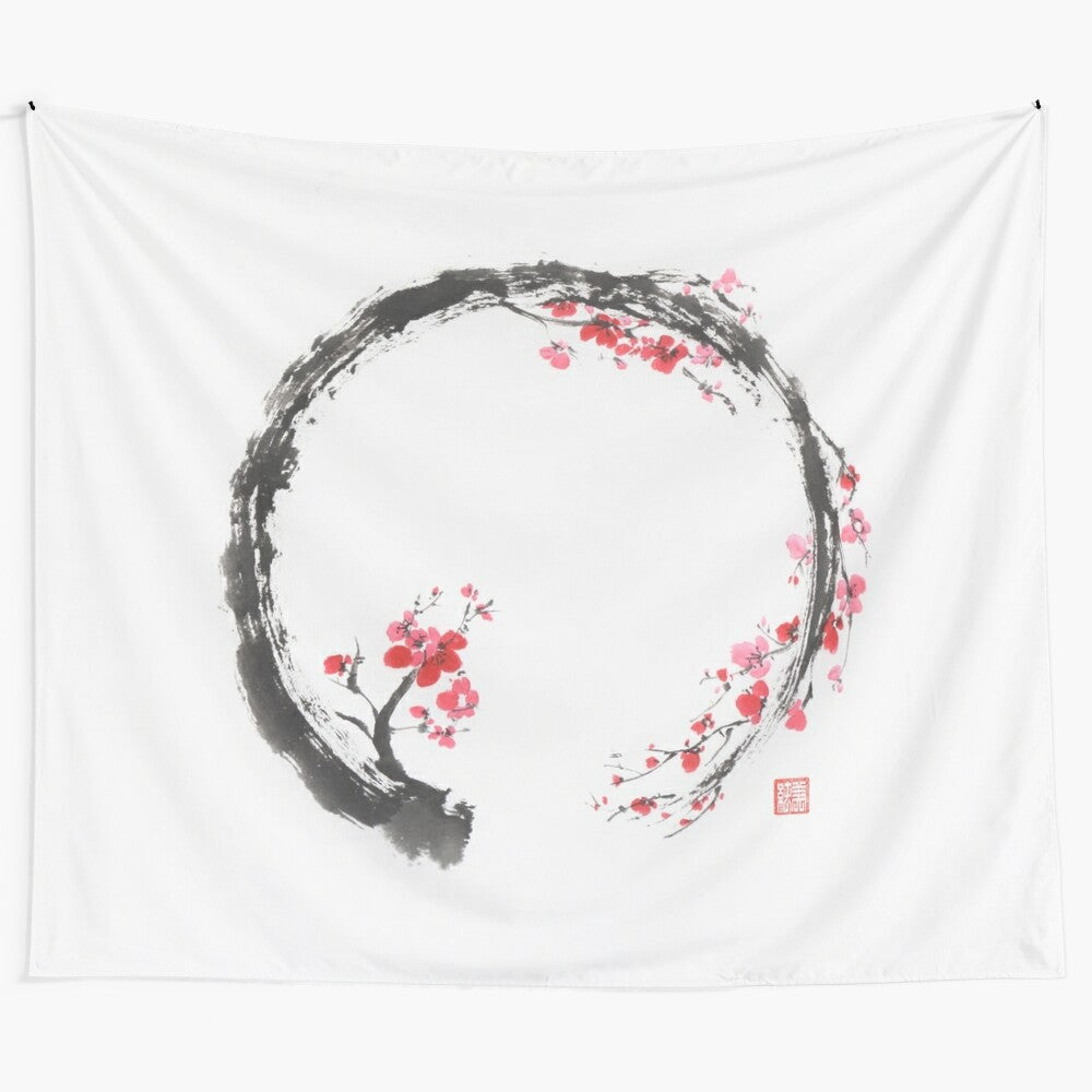 Zen sumi-e conceptual painting of Enso circle as a red cherry blossom branch art print Tapestry